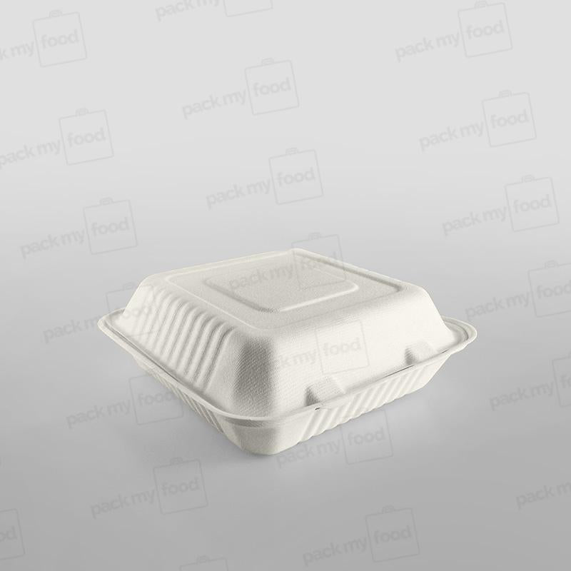 Bagasse Compostable 9 Inch Square Clamshell Meal Box