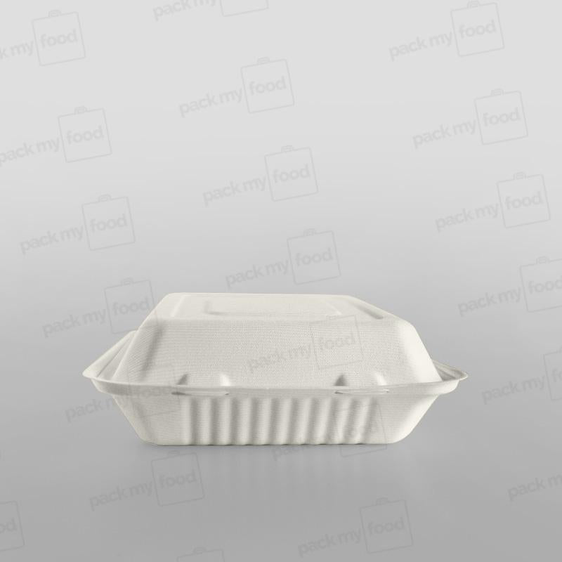 Bagasse Compostable 9 Inch Square Clamshell Meal Box