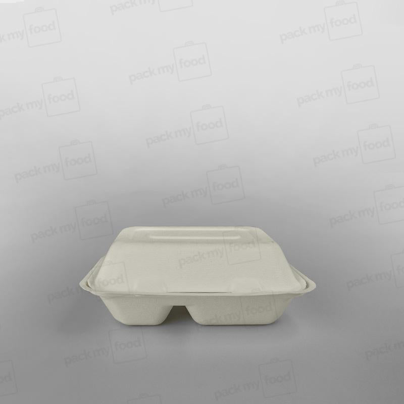 Compostable 2 Compartment Bagasse Clamshell Lunch Box - 9x6x3inch