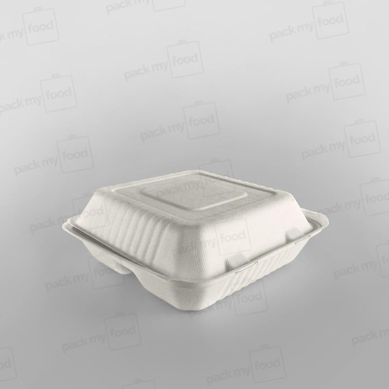 Bagasse Compostable Square 9 inch - 3 Compartment Clamshell Meal Box