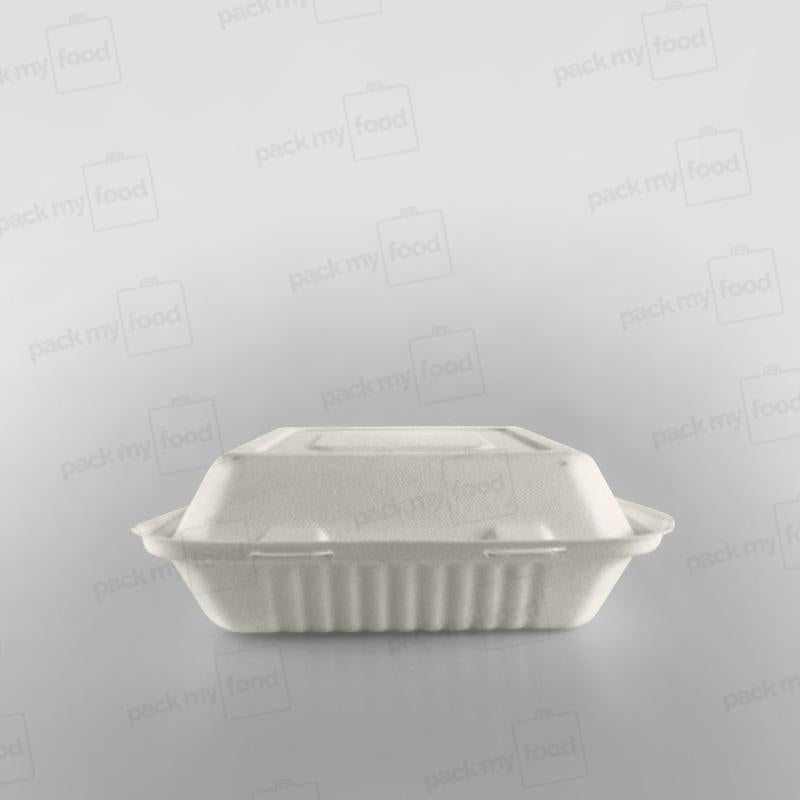 Bagasse Compostable Square 9 inch - 3 Compartment Clamshell Meal Box