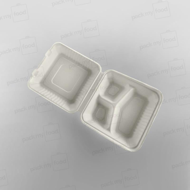 Bagasse Compostable Square 9 inch - 3 Compartment Clamshell Meal Box