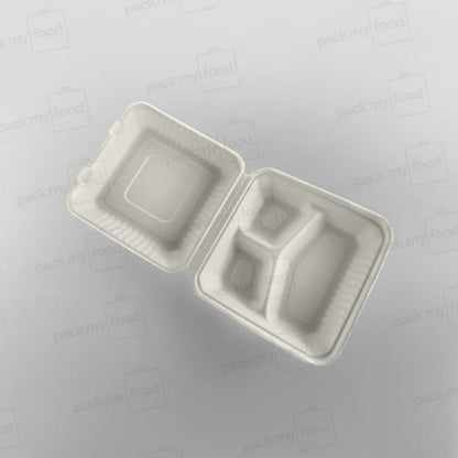 Bagasse Compostable Square 9 inch - 3 Compartment Clamshell Meal Box