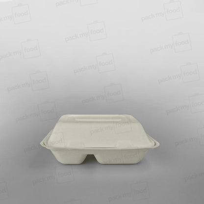 Compostable 2 Compartment Bagasse Clamshell Lunch Box - 9x6x3inch