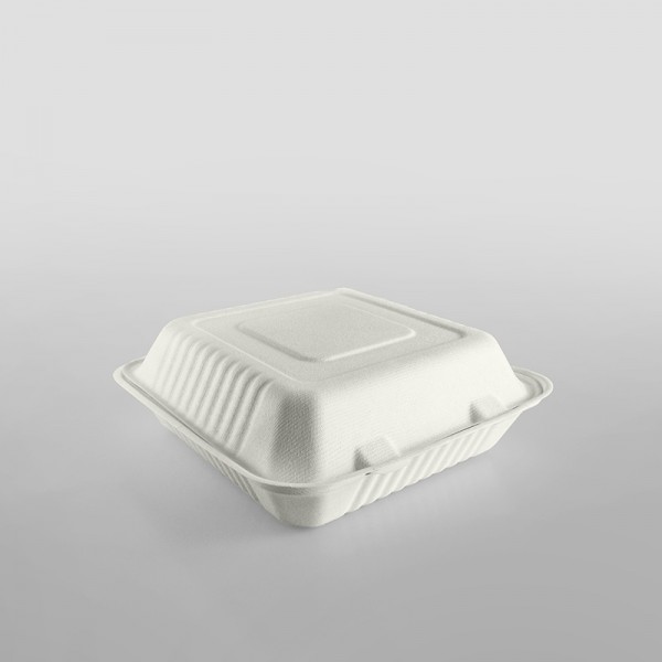 Compostable Bagasse 9'' Striped Clamshell Meal Box